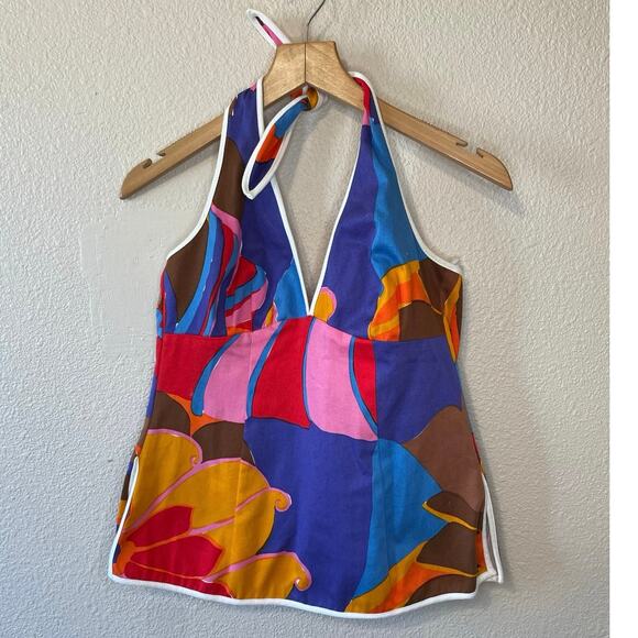 Trina Turk Multicolor Floral Mid Century Modern Boho Style Retro Halter Size 6 - Picture 9 of 11